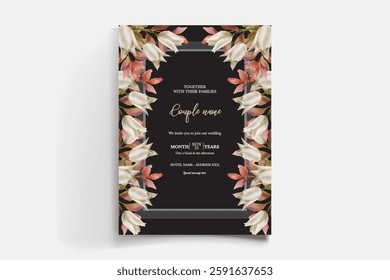 WEDDING INVITATION FRAME WITH FLOWER DECORATIONS AND FRESH LEAVES