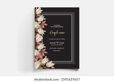 WEDDING INVITATION FRAME WITH FLOWER DECORATIONS AND FRESH LEAVES