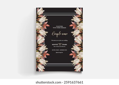WEDDING INVITATION FRAME WITH FLOWER DECORATIONS AND FRESH LEAVES