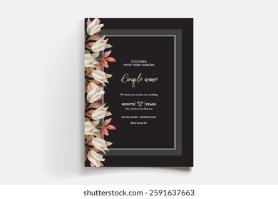 WEDDING INVITATION FRAME WITH FLOWER DECORATIONS AND FRESH LEAVES