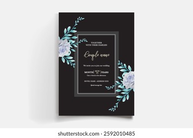 WEDDING INVITATION FRAME WITH FLOWER DECORATIONS AND FRESH LEAVES