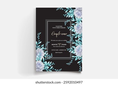 WEDDING INVITATION FRAME WITH FLOWER DECORATIONS AND FRESH LEAVES