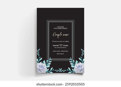 WEDDING INVITATION FRAME WITH FLOWER DECORATIONS AND FRESH LEAVES