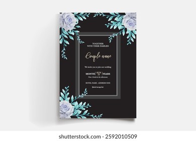 WEDDING INVITATION FRAME WITH FLOWER DECORATIONS AND FRESH LEAVES