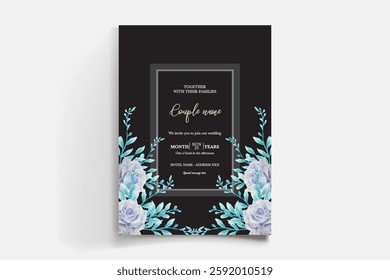 WEDDING INVITATION FRAME WITH FLOWER DECORATIONS AND FRESH LEAVES