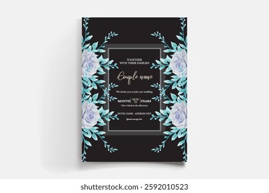 WEDDING INVITATION FRAME WITH FLOWER DECORATIONS AND FRESH LEAVES