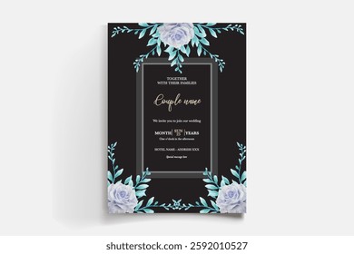 WEDDING INVITATION FRAME WITH FLOWER DECORATIONS AND FRESH LEAVES