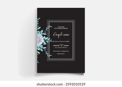 WEDDING INVITATION FRAME WITH FLOWER DECORATIONS AND FRESH LEAVES
