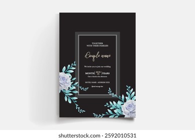 WEDDING INVITATION FRAME WITH FLOWER DECORATIONS AND FRESH LEAVES
