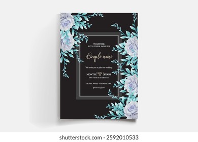 WEDDING INVITATION FRAME WITH FLOWER DECORATIONS AND FRESH LEAVES