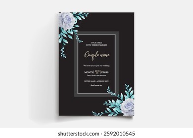 WEDDING INVITATION FRAME WITH FLOWER DECORATIONS AND FRESH LEAVES