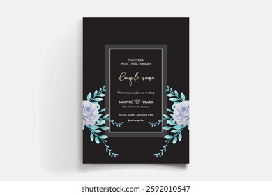 WEDDING INVITATION FRAME WITH FLOWER DECORATIONS AND FRESH LEAVES