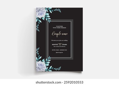 WEDDING INVITATION FRAME WITH FLOWER DECORATIONS AND FRESH LEAVES