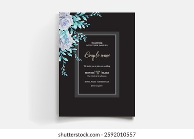WEDDING INVITATION FRAME WITH FLOWER DECORATIONS AND FRESH LEAVES