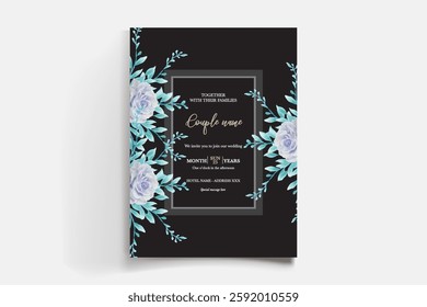 WEDDING INVITATION FRAME WITH FLOWER DECORATIONS AND FRESH LEAVES