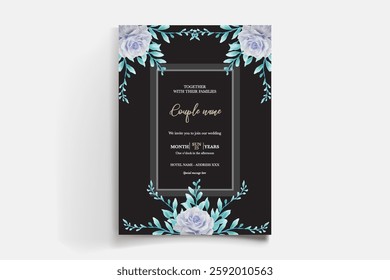WEDDING INVITATION FRAME WITH FLOWER DECORATIONS AND FRESH LEAVES