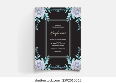 WEDDING INVITATION FRAME WITH FLOWER DECORATIONS AND FRESH LEAVES