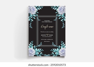 WEDDING INVITATION FRAME WITH FLOWER DECORATIONS AND FRESH LEAVES