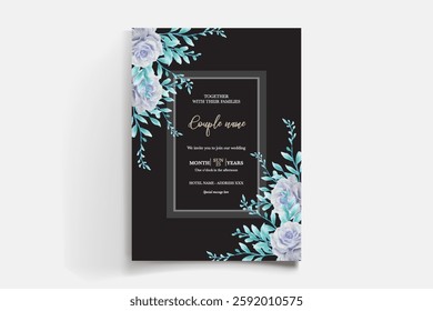 WEDDING INVITATION FRAME WITH FLOWER DECORATIONS AND FRESH LEAVES