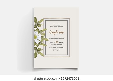 WEDDING INVITATION FRAME WITH FLOWER DECORATIONS AND FRESH LEAVES