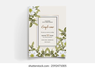 WEDDING INVITATION FRAME WITH FLOWER DECORATIONS AND FRESH LEAVES