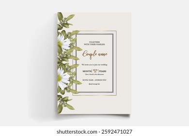 WEDDING INVITATION FRAME WITH FLOWER DECORATIONS AND FRESH LEAVES