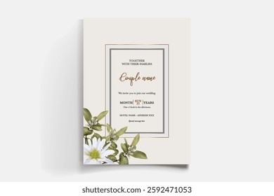 WEDDING INVITATION FRAME WITH FLOWER DECORATIONS AND FRESH LEAVES