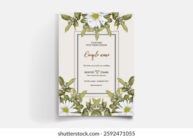 WEDDING INVITATION FRAME WITH FLOWER DECORATIONS AND FRESH LEAVES
