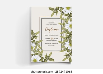 WEDDING INVITATION FRAME WITH FLOWER DECORATIONS AND FRESH LEAVES