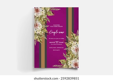 WEDDING INVITATION FRAME WITH FLOWER DECORATIONS AND FRESH LEAVES