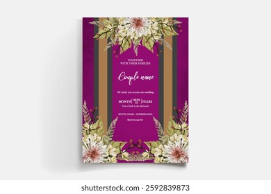 WEDDING INVITATION FRAME WITH FLOWER DECORATIONS AND FRESH LEAVES