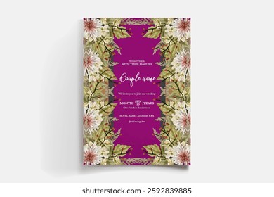 WEDDING INVITATION FRAME WITH FLOWER DECORATIONS AND FRESH LEAVES