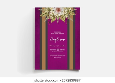 WEDDING INVITATION FRAME WITH FLOWER DECORATIONS AND FRESH LEAVES