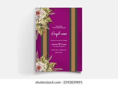 WEDDING INVITATION FRAME WITH FLOWER DECORATIONS AND FRESH LEAVES