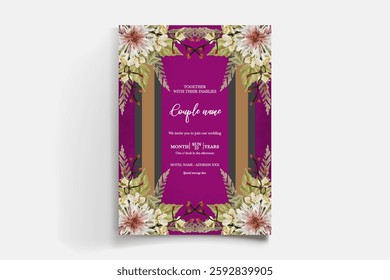 WEDDING INVITATION FRAME WITH FLOWER DECORATIONS AND FRESH LEAVES