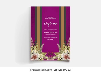 WEDDING INVITATION FRAME WITH FLOWER DECORATIONS AND FRESH LEAVES