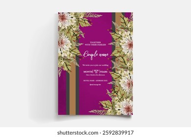 WEDDING INVITATION FRAME WITH FLOWER DECORATIONS AND FRESH LEAVES