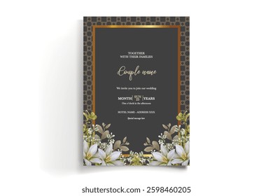 WEDDING INVITATION FRAME WITH FLOWER DECORATIONS AND FRESH LEAVES