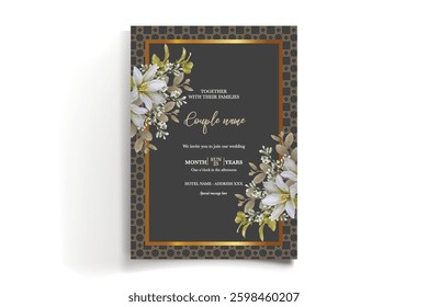 WEDDING INVITATION FRAME WITH FLOWER DECORATIONS AND FRESH LEAVES