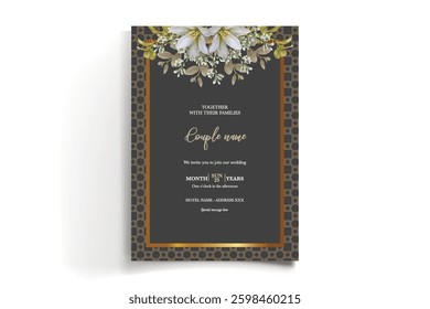 WEDDING INVITATION FRAME WITH FLOWER DECORATIONS AND FRESH LEAVES