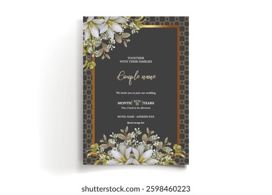 WEDDING INVITATION FRAME WITH FLOWER DECORATIONS AND FRESH LEAVES