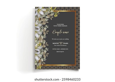 WEDDING INVITATION FRAME WITH FLOWER DECORATIONS AND FRESH LEAVES