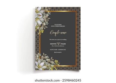 WEDDING INVITATION FRAME WITH FLOWER DECORATIONS AND FRESH LEAVES