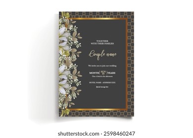 WEDDING INVITATION FRAME WITH FLOWER DECORATIONS AND FRESH LEAVES