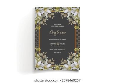 WEDDING INVITATION FRAME WITH FLOWER DECORATIONS AND FRESH LEAVES