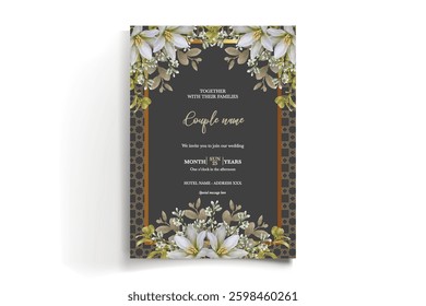 WEDDING INVITATION FRAME WITH FLOWER DECORATIONS AND FRESH LEAVES