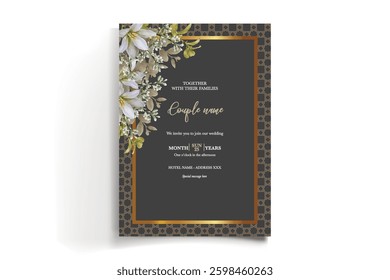 WEDDING INVITATION FRAME WITH FLOWER DECORATIONS AND FRESH LEAVES