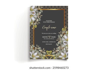 WEDDING INVITATION FRAME WITH FLOWER DECORATIONS AND FRESH LEAVES