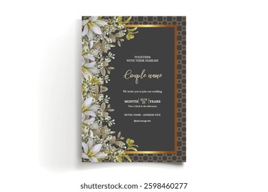 WEDDING INVITATION FRAME WITH FLOWER DECORATIONS AND FRESH LEAVES