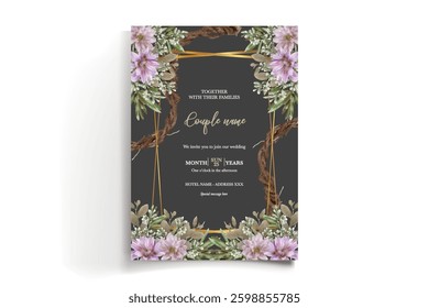WEDDING INVITATION FRAME WITH FLOWER DECORATIONS AND FRESH LEAVES